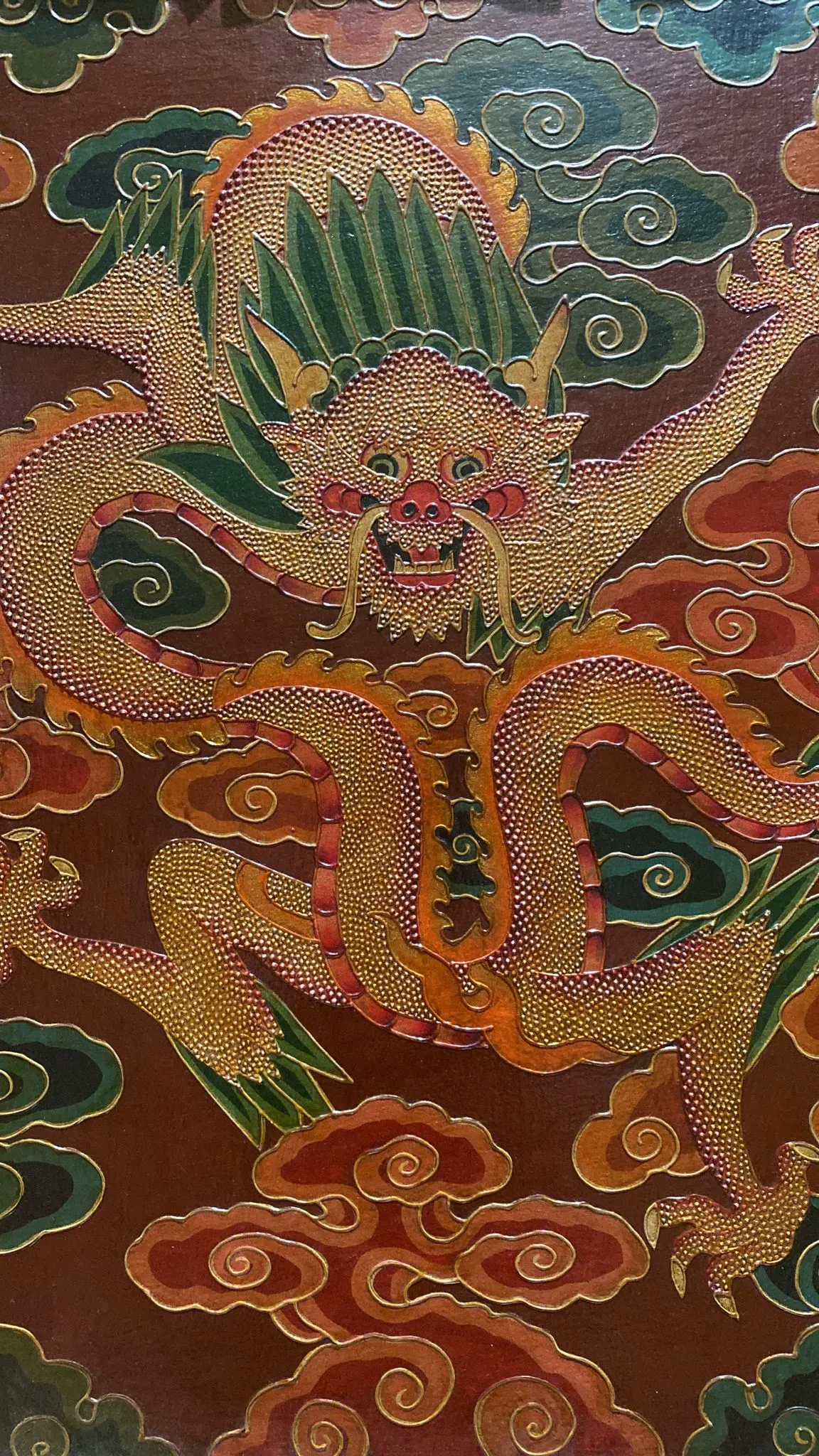 Golden Tibetan Dragon Framed Wooden Thangka w/ Relief Painting