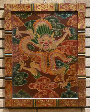 Golden Tibetan Dragon Framed Wooden Thangka w/ Relief Painting