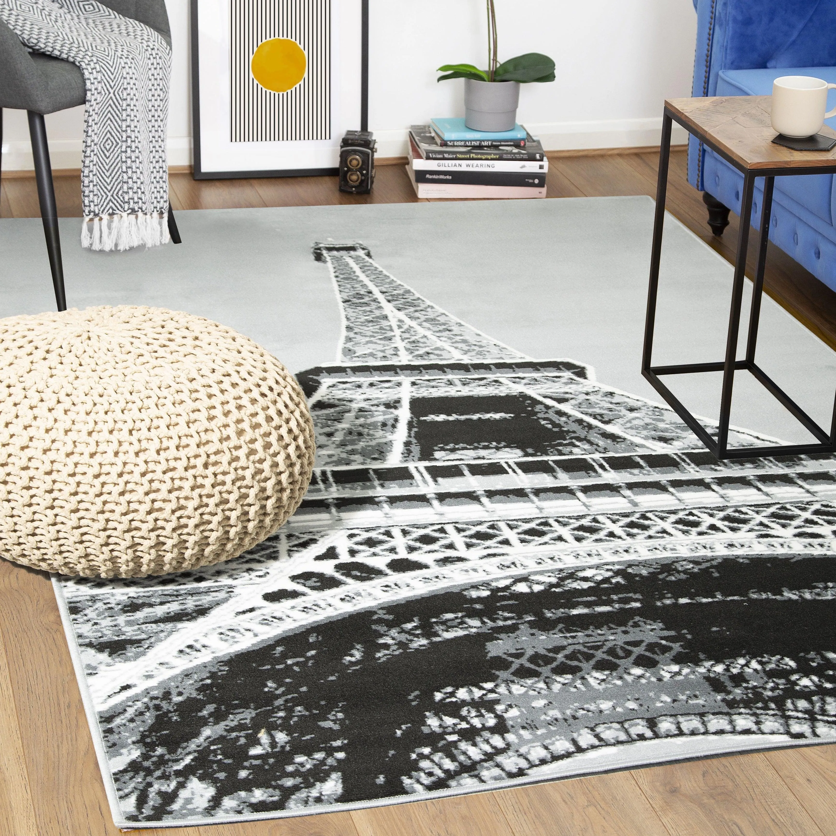 Grey Funky Eiffel Tower Print Rug - Texas