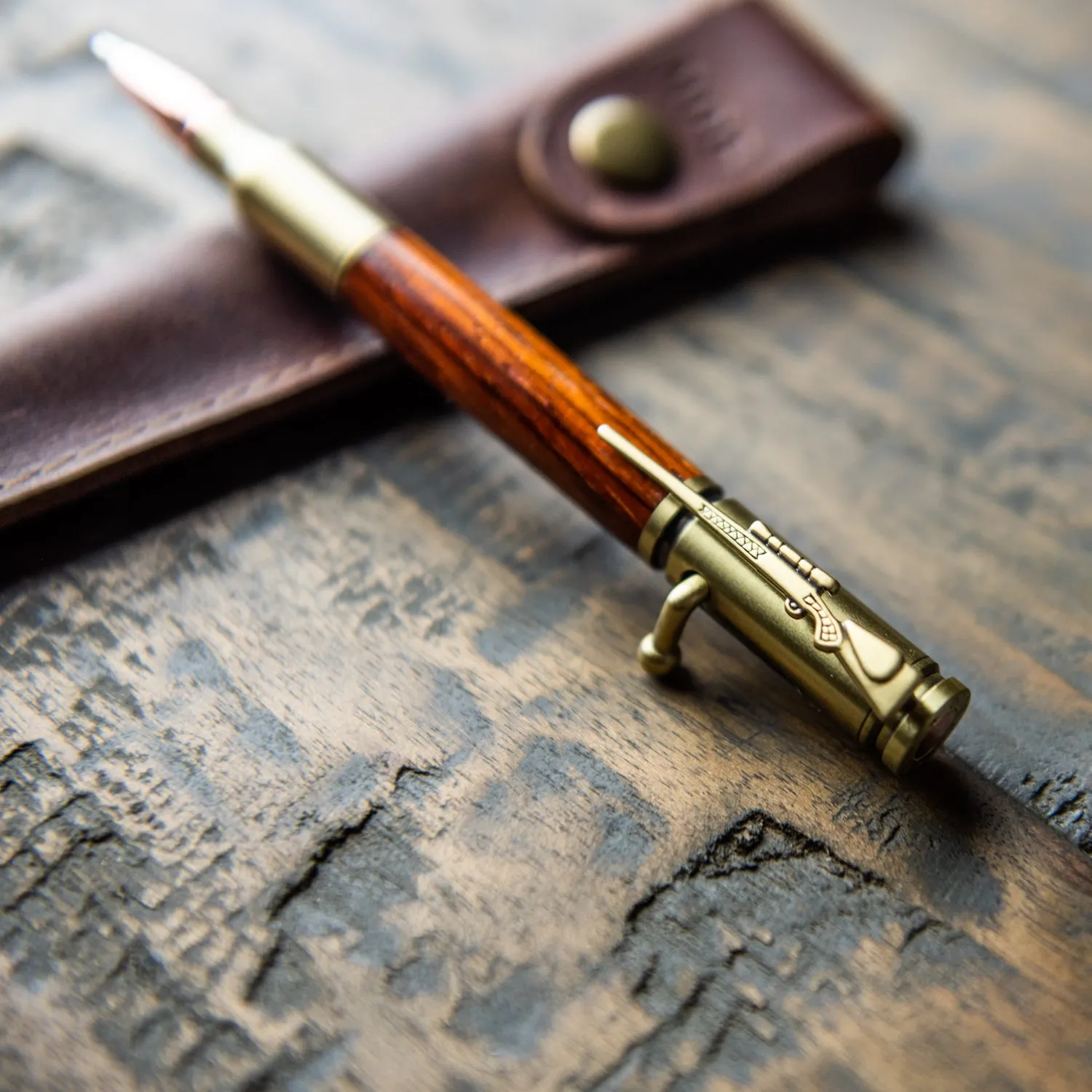 Hand-Turned Rose Wood .30 Caliber Bolt Action Pen   Pen Sleeve