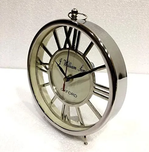 J.H Handicraft Maritime 7 inch Table Clock Nautical Style Shiny Silver Desk Analog Roman Clock Office Desk Decor