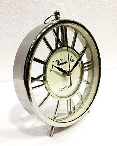 J.H Handicraft Maritime 7 inch Table Clock Nautical Style Shiny Silver Desk Analog Roman Clock Office Desk Decor