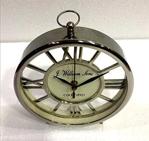 J.H Handicraft Maritime 7 inch Table Clock Nautical Style Shiny Silver Desk Analog Roman Clock Office Desk Decor