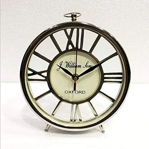 J.H Handicraft Maritime 7 inch Table Clock Nautical Style Shiny Silver Desk Analog Roman Clock Office Desk Decor