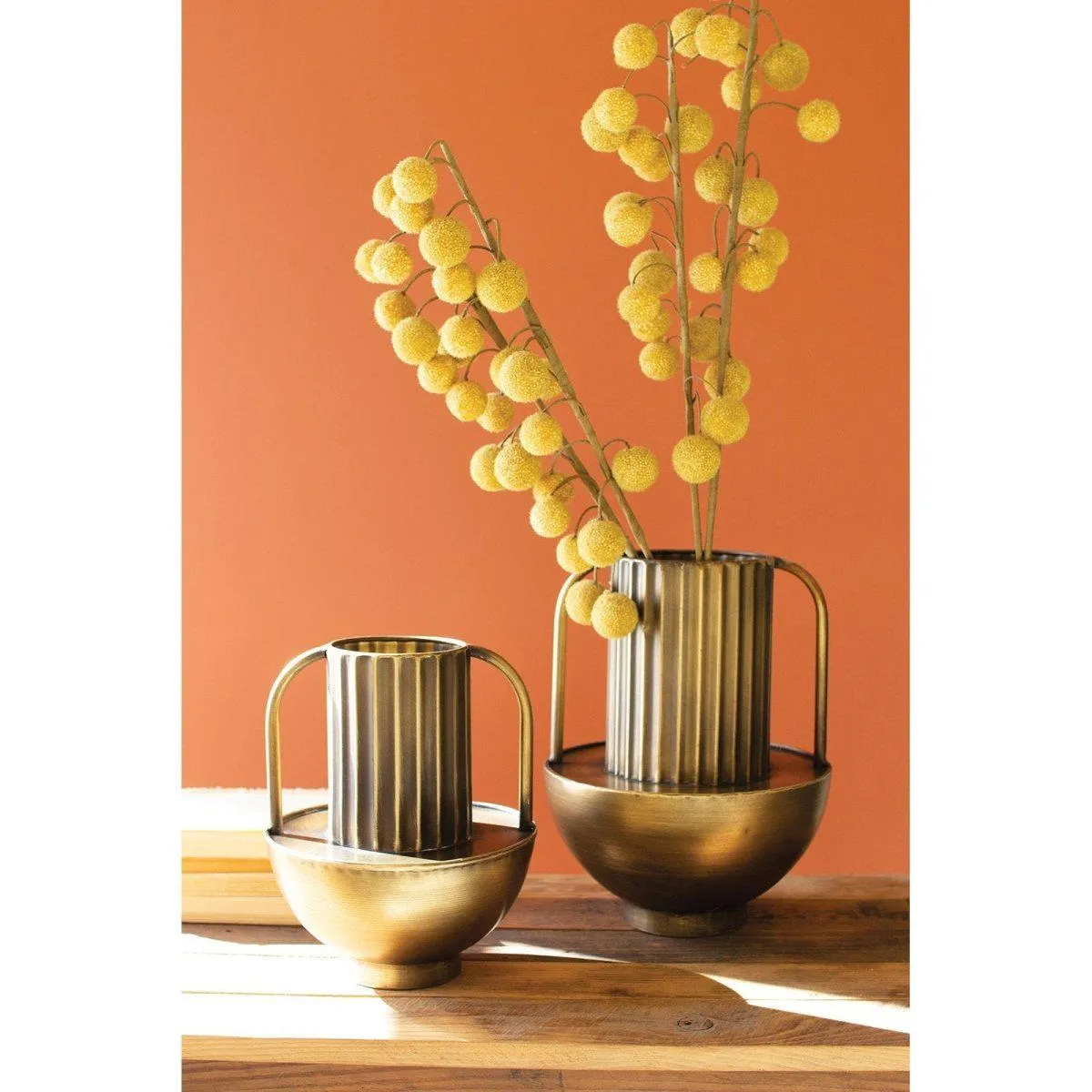 Kalalou - SET OF TWO METAL ANTIQUE BRASS VASES WITH HANDLES - CBB1125