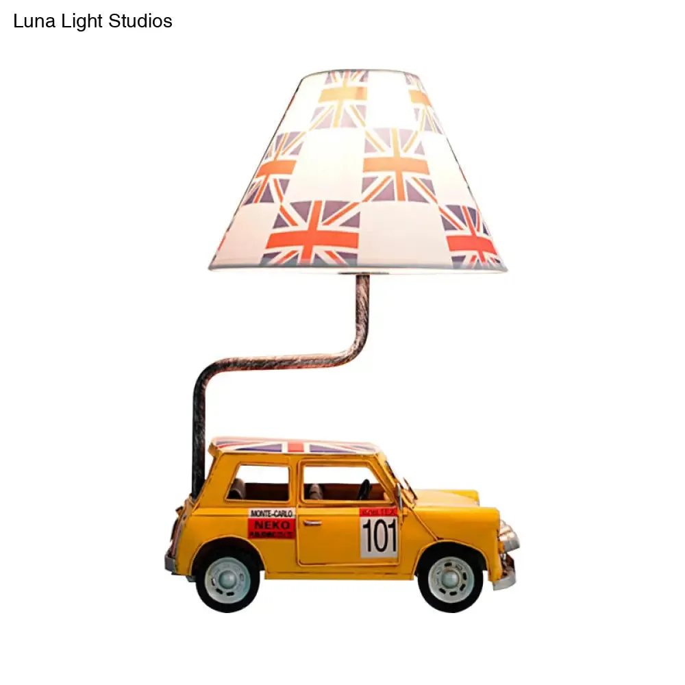 Kids Jeep Car Iron Table Lamp with Yellow/Blue Cross Fabric Shade