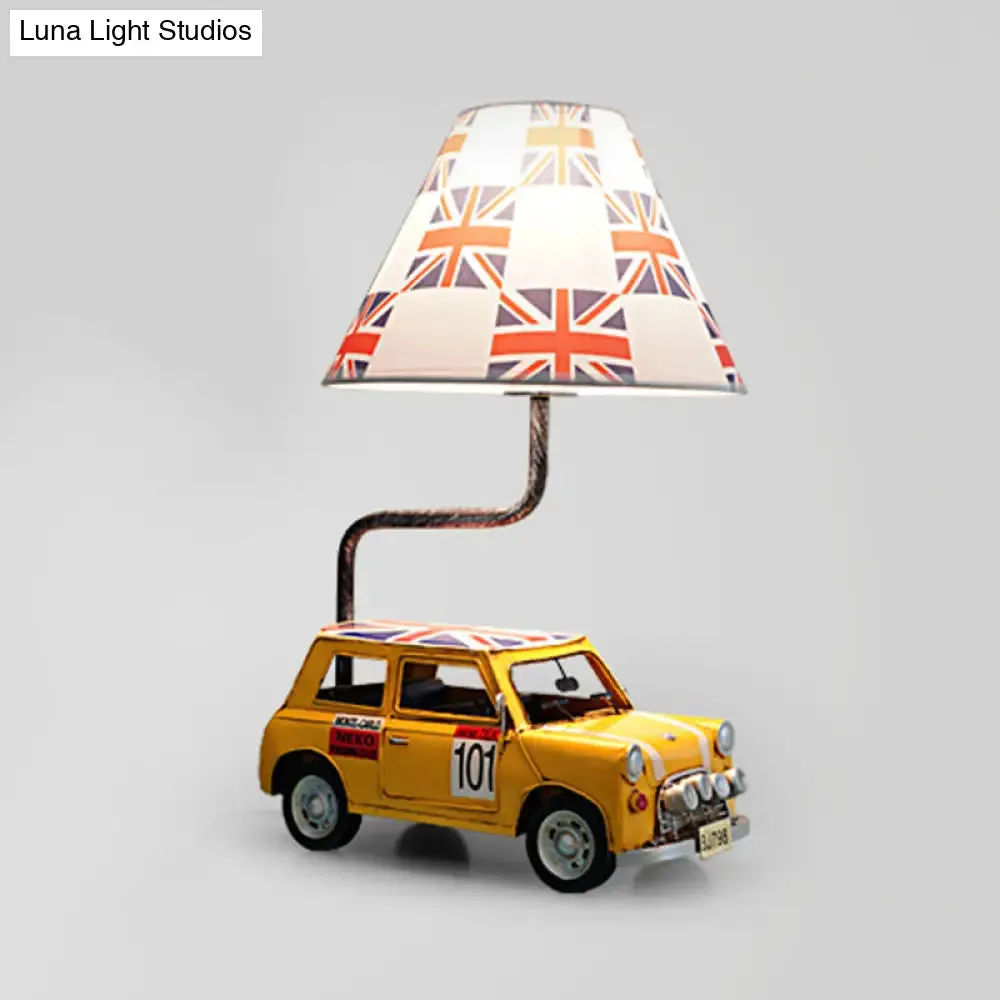 Kids Jeep Car Iron Table Lamp with Yellow/Blue Cross Fabric Shade