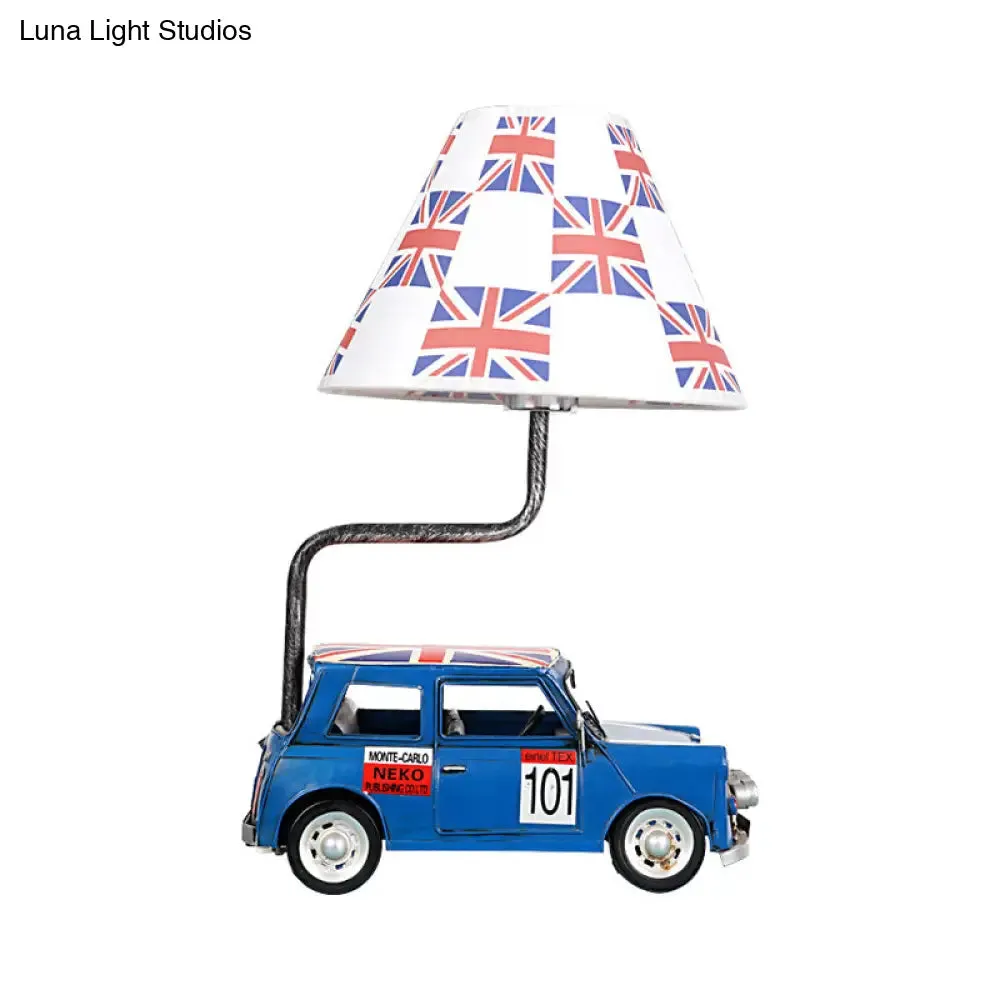 Kids Jeep Car Iron Table Lamp with Yellow/Blue Cross Fabric Shade