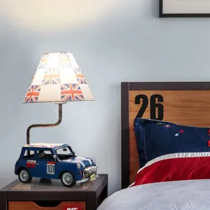 Kids Jeep Car Iron Table Lamp with Yellow/Blue Cross Fabric Shade