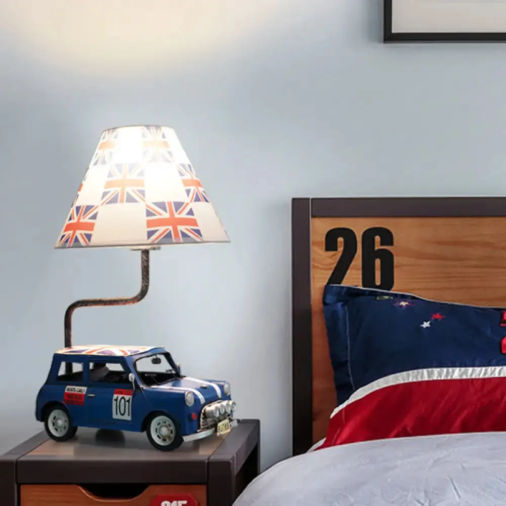 Kids Jeep Car Iron Table Lamp with Yellow/Blue Cross Fabric Shade
