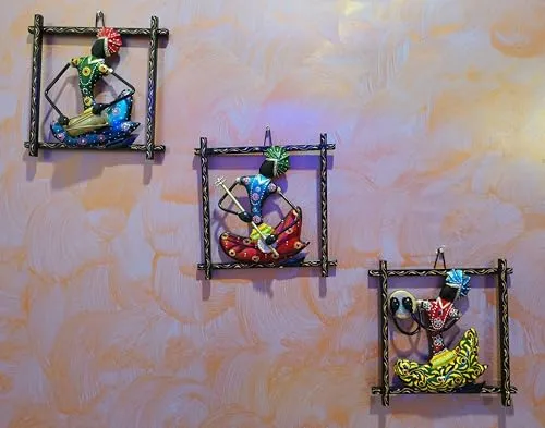 KraftYarta Iron Musician Wall Hanging Frames | HandMade Rajisthani Musicians - Set of 3 | Traditional Home Décor Showpieces For Home | Metal Wall Decor