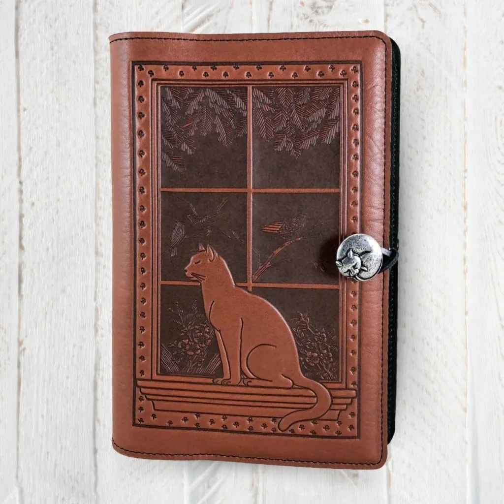 Leather Refillable Journal Notebook, Cat in Window