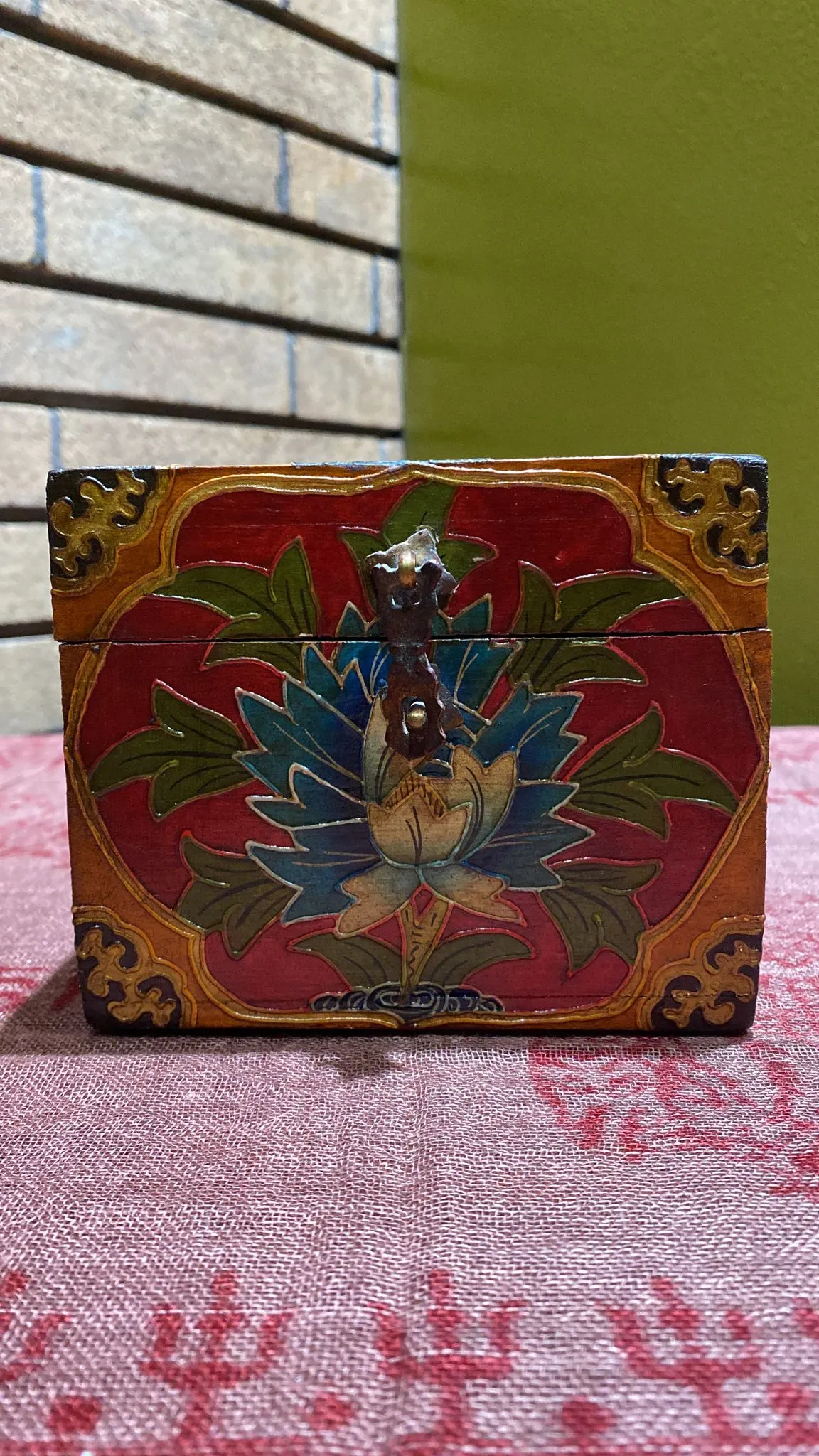 Lotus Flower Relief-Painted Wooden Box (S)