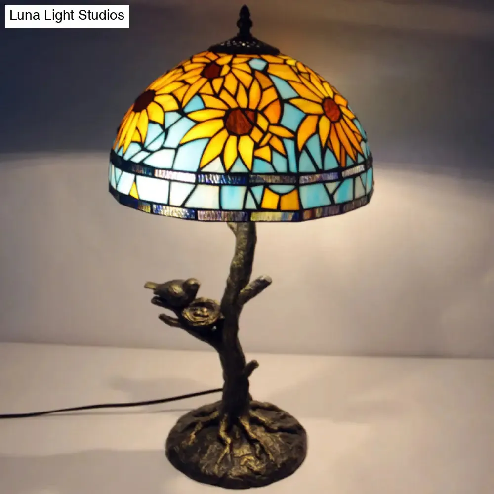 Mediterranean Stained Glass Table Lamp: Sunflower Design, Antique Brass, 1 Light