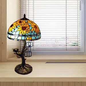 Mediterranean Stained Glass Table Lamp: Sunflower Design, Antique Brass, 1 Light