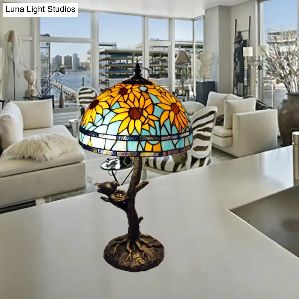 Mediterranean Stained Glass Table Lamp: Sunflower Design, Antique Brass, 1 Light