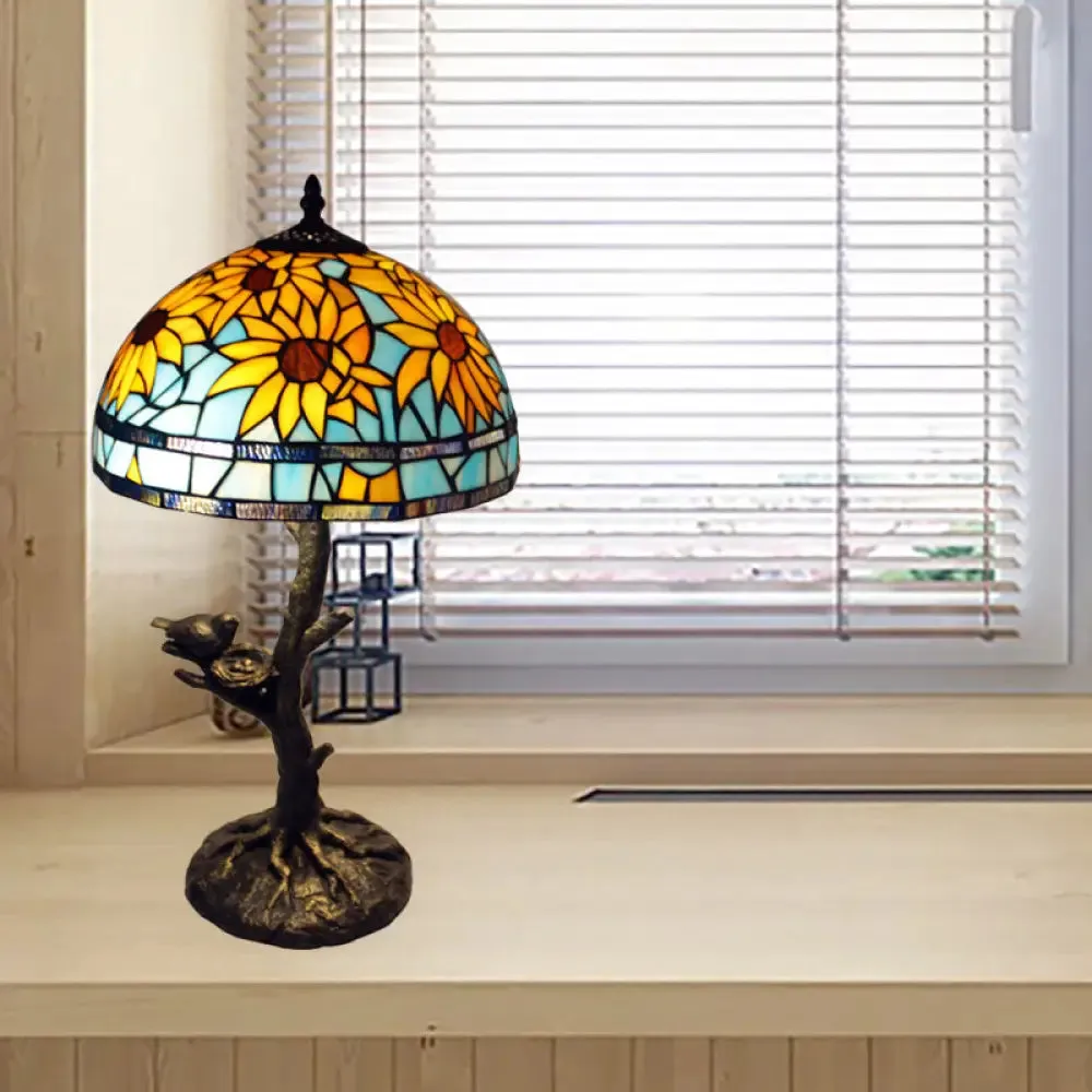 Mediterranean Stained Glass Table Lamp: Sunflower Design, Antique Brass, 1 Light