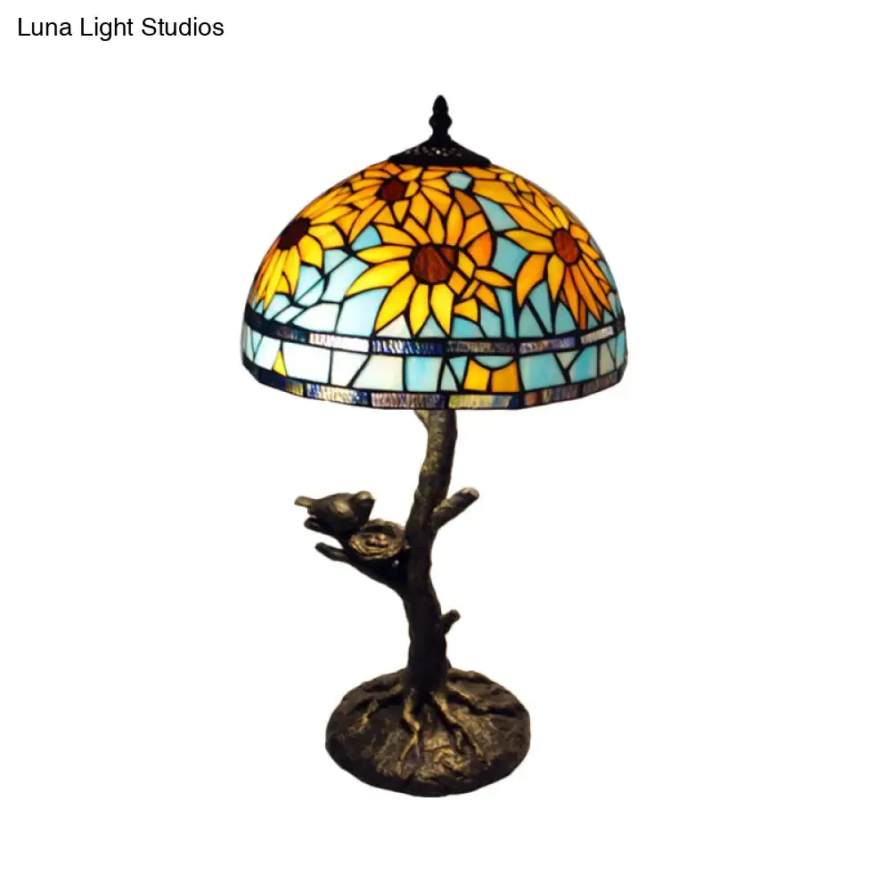 Mediterranean Stained Glass Table Lamp: Sunflower Design, Antique Brass, 1 Light