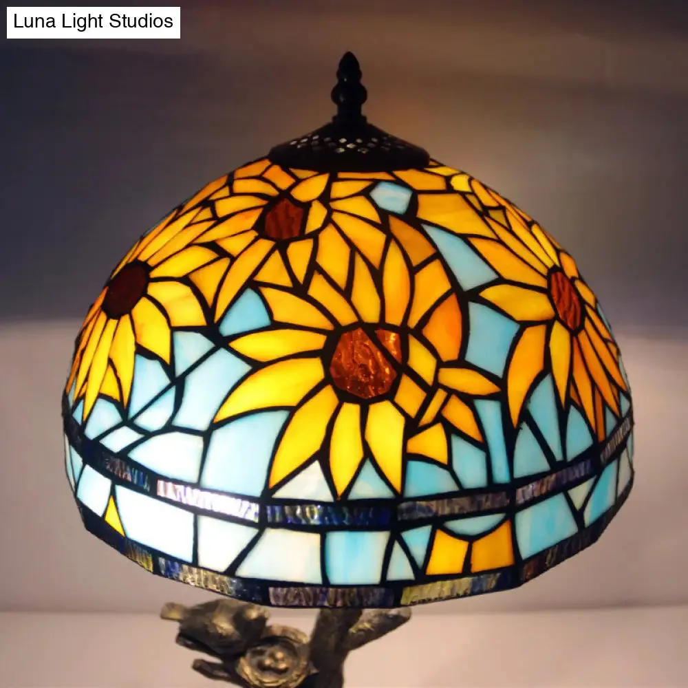 Mediterranean Stained Glass Table Lamp: Sunflower Design, Antique Brass, 1 Light
