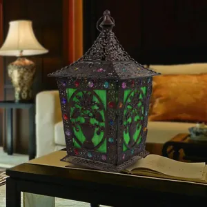Metal Decorative Nightstand Lantern with Colorful Lighting for Living Room Night Time Ambiance