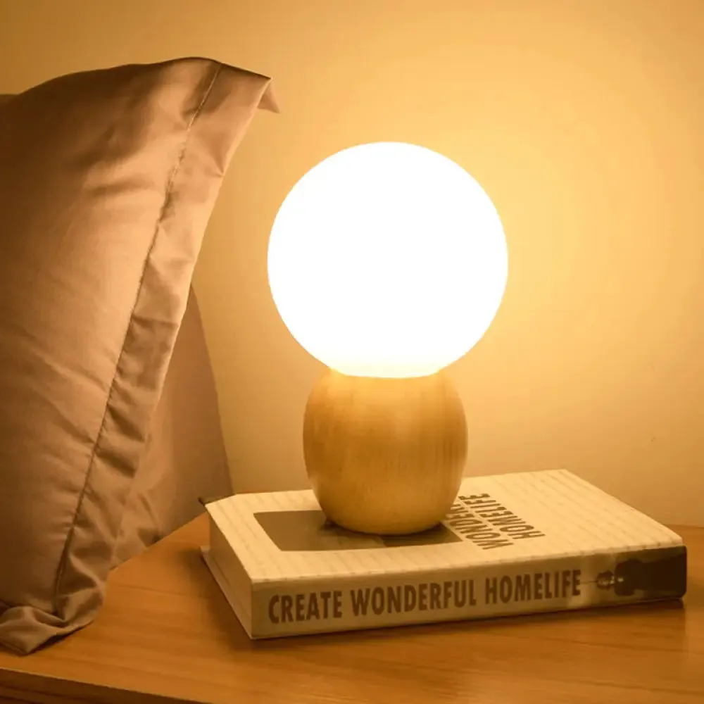 Minimalist Frosted Glass Bedside Table Lamp with Wooden Base - Orb Design