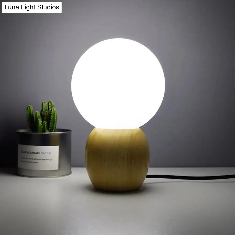 Minimalist Frosted Glass Bedside Table Lamp with Wooden Base - Orb Design