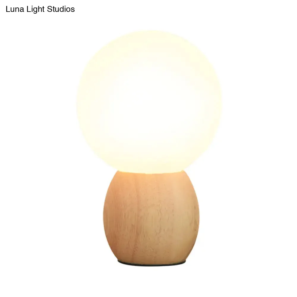 Minimalist Frosted Glass Bedside Table Lamp with Wooden Base - Orb Design