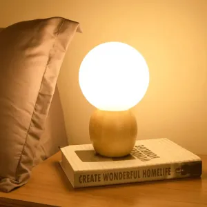 Minimalist Frosted Glass Bedside Table Lamp with Wooden Base - Orb Design