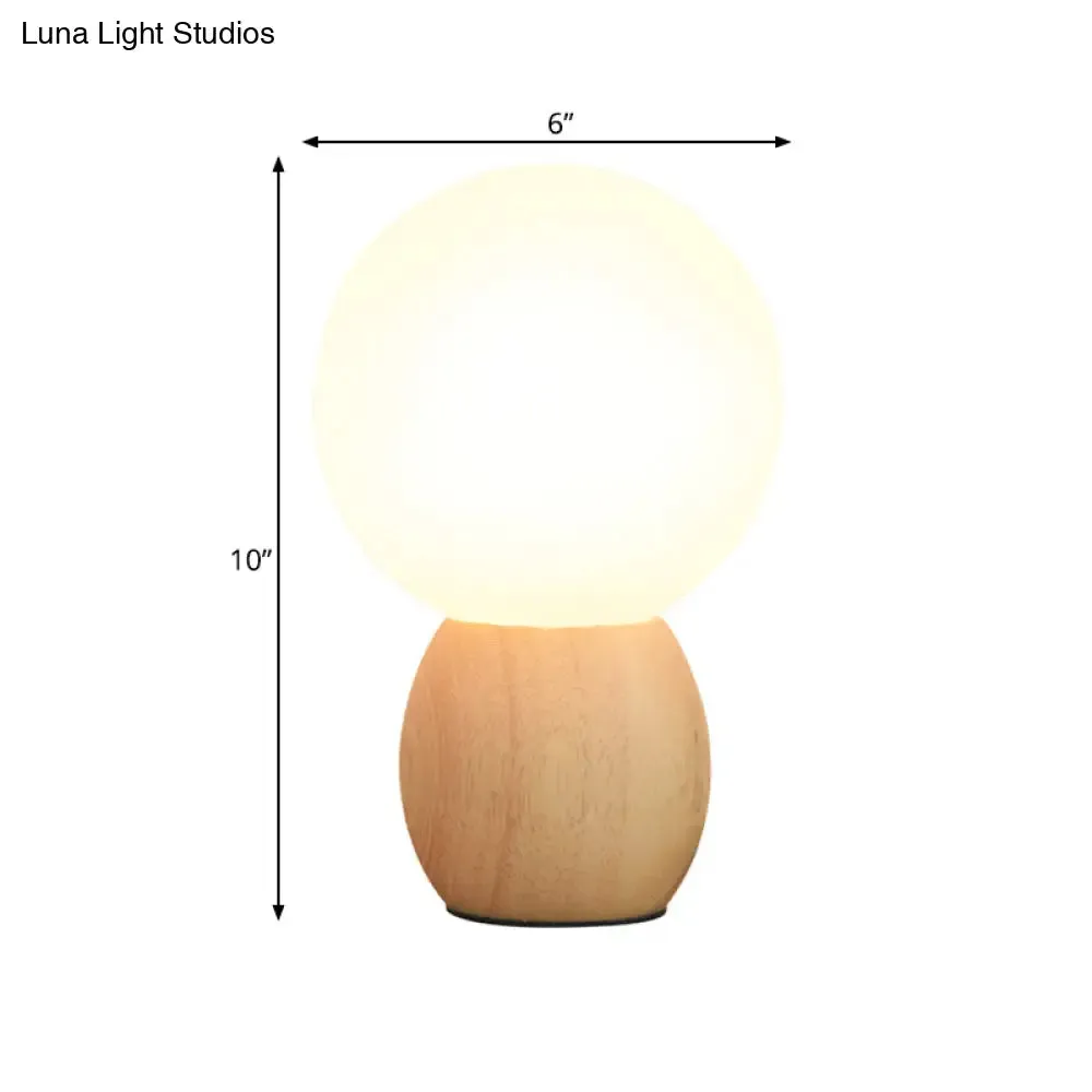 Minimalist Frosted Glass Bedside Table Lamp with Wooden Base - Orb Design