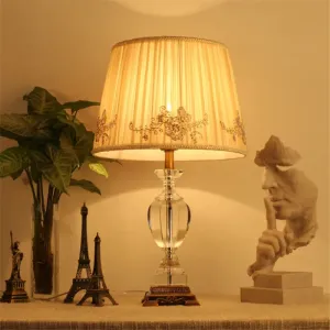 Modern Curved Fabric Desk Lamp with Hand-Cut Crystal Detail and Beige Shade