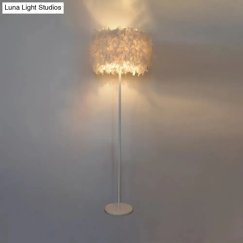 Modern Drum Bedside Floor Lamp - Feather 1-Light, White (with/without Crystal Drop)