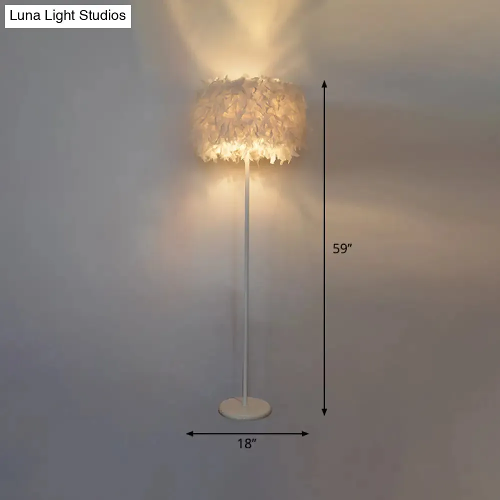 Modern Drum Bedside Floor Lamp - Feather 1-Light, White (with/without Crystal Drop)