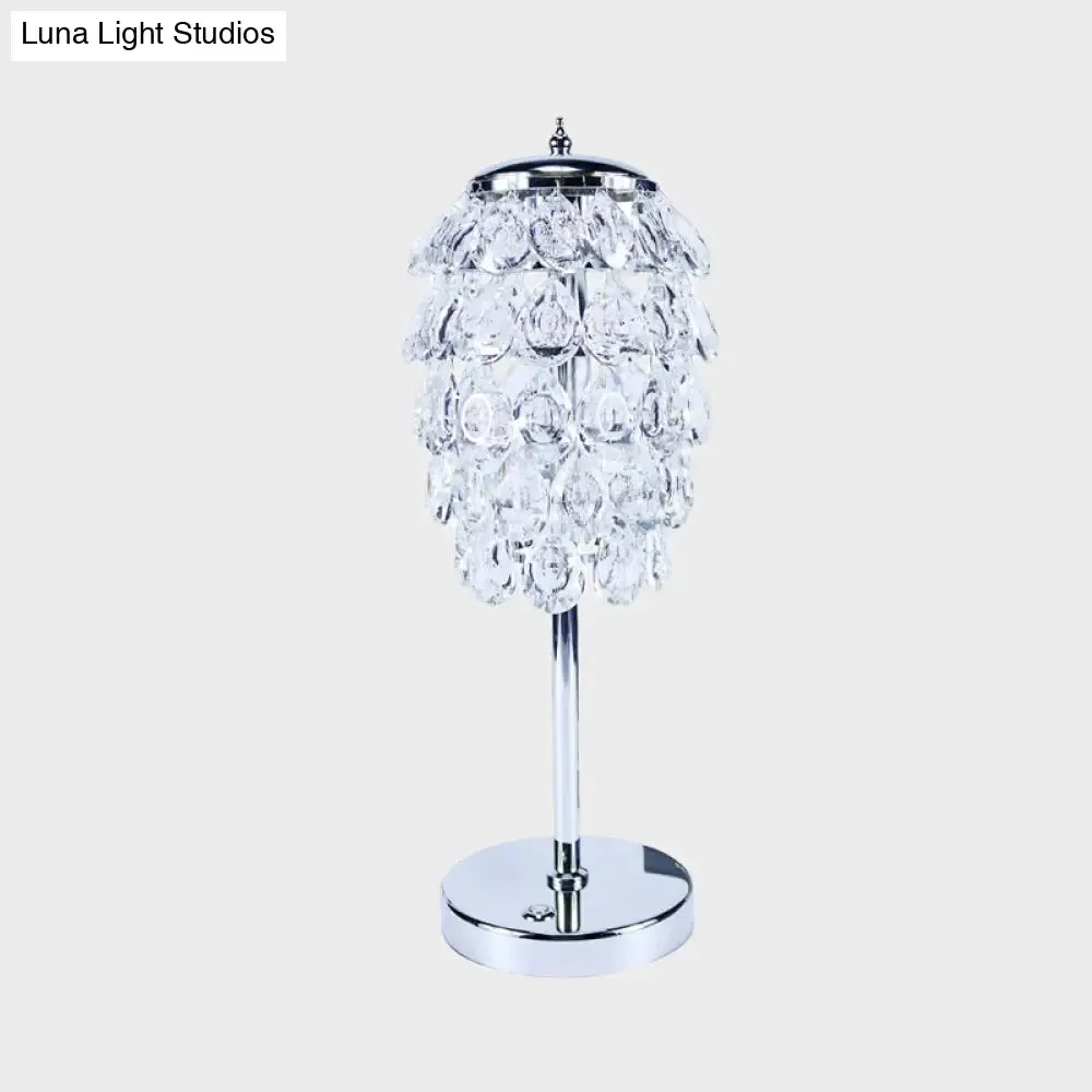 Modern LED Nightstand Light - Pipe Cone Design with Clear/Champagne Crystal, Chrome Rod Stem