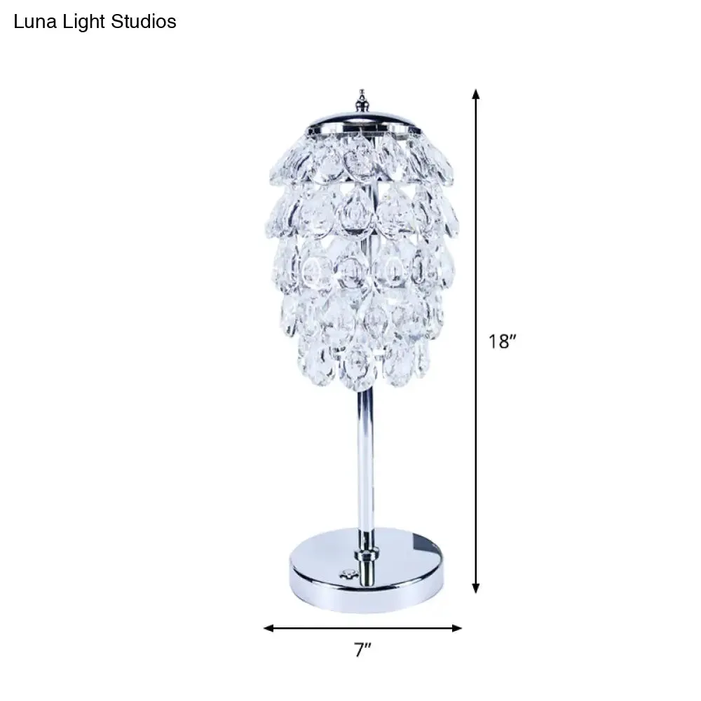 Modern LED Nightstand Light - Pipe Cone Design with Clear/Champagne Crystal, Chrome Rod Stem
