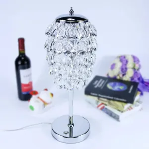 Modern LED Nightstand Light - Pipe Cone Design with Clear/Champagne Crystal, Chrome Rod Stem