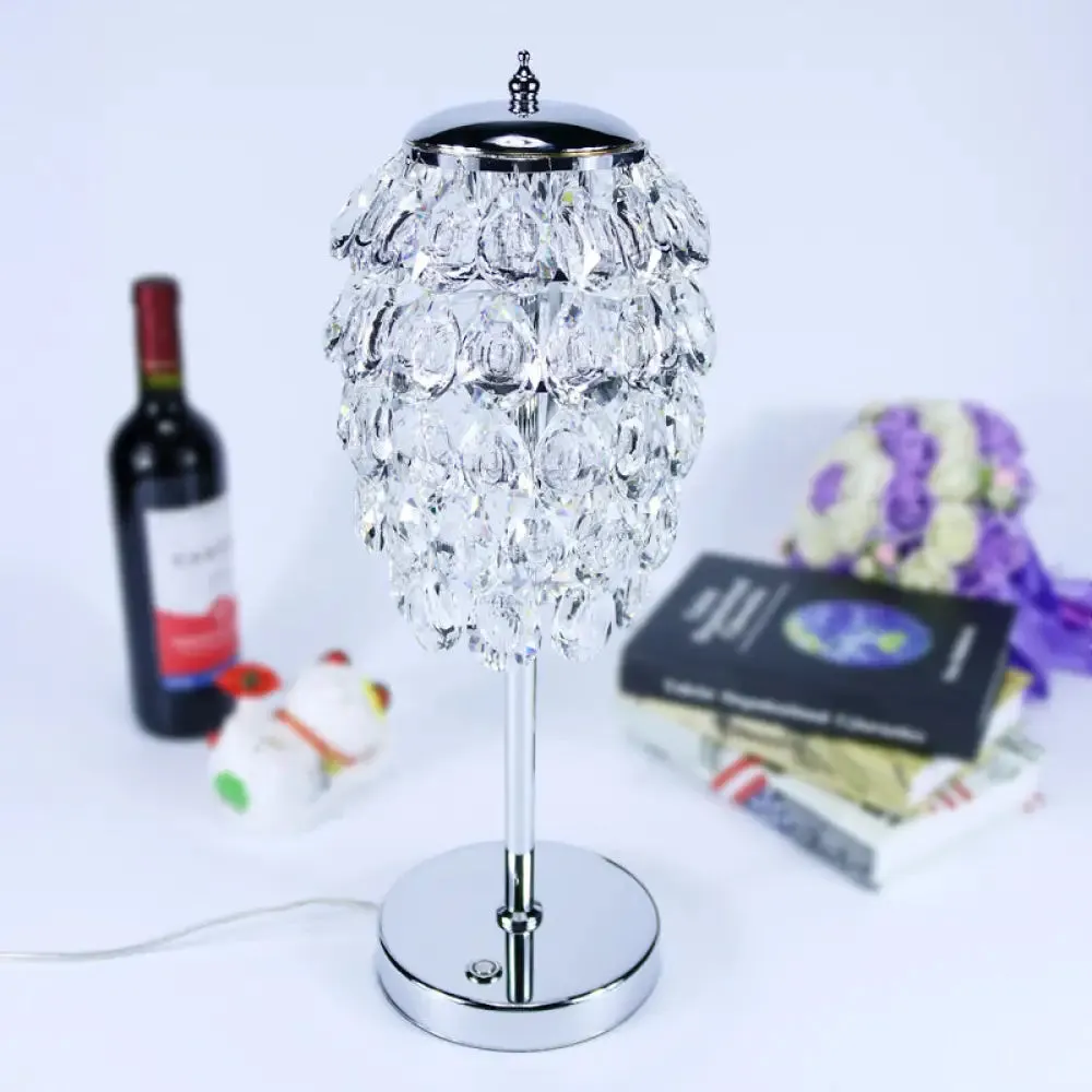 Modern LED Nightstand Light - Pipe Cone Design with Clear/Champagne Crystal, Chrome Rod Stem