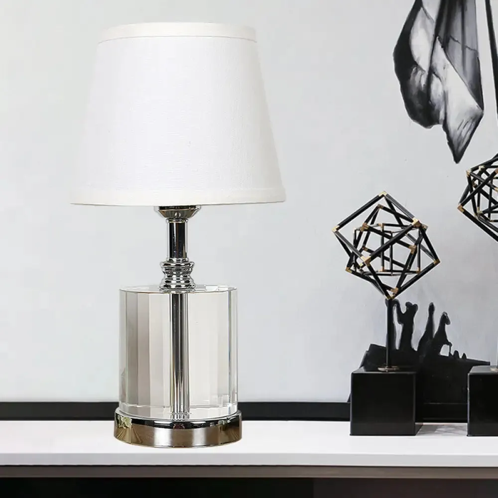 Modern White Bedside Table Lamp with Clear K9 Crystal Cylinder