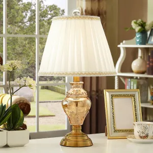 Modernist Fabric Desk Lamp with Crystal Base - Conical Design, Beige Color