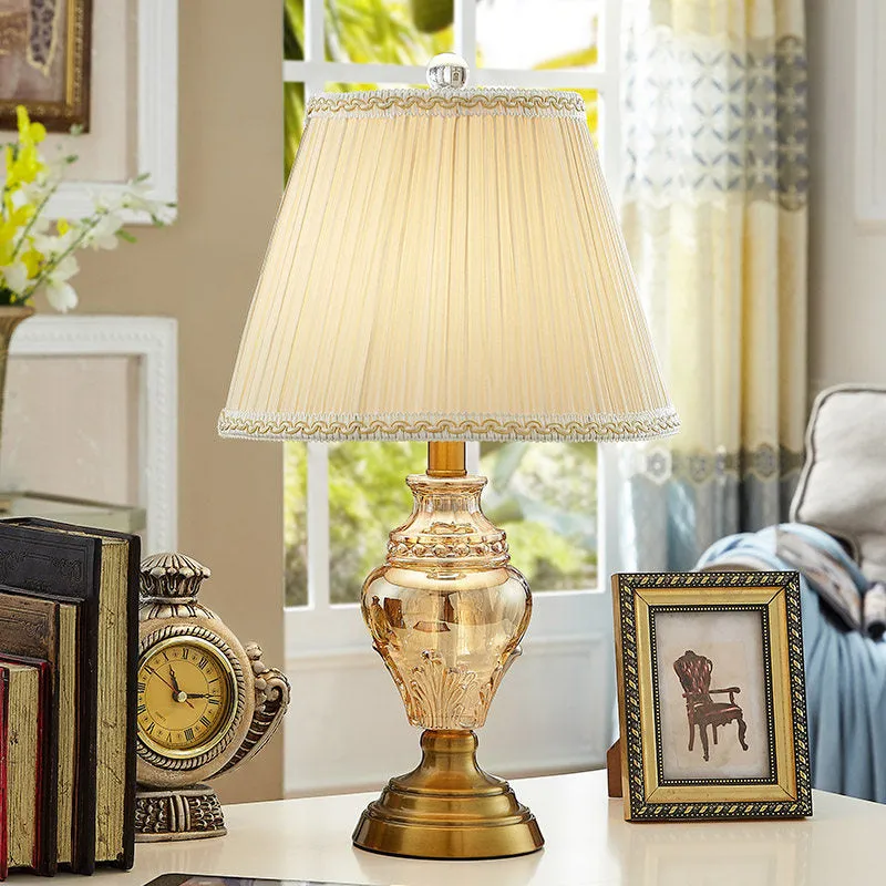 Modernist Fabric Desk Lamp with Crystal Base - Conical Design, Beige Color