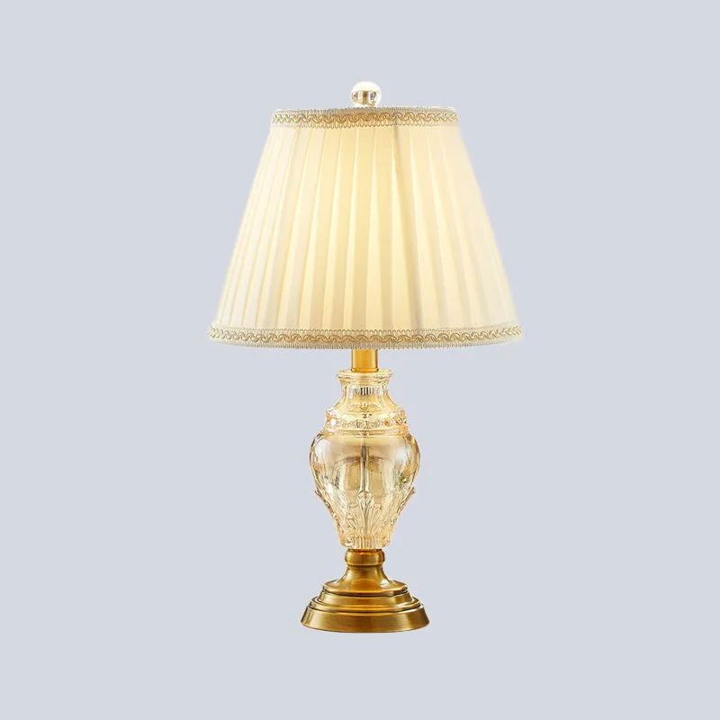Modernist Fabric Desk Lamp with Crystal Base - Conical Design, Beige Color