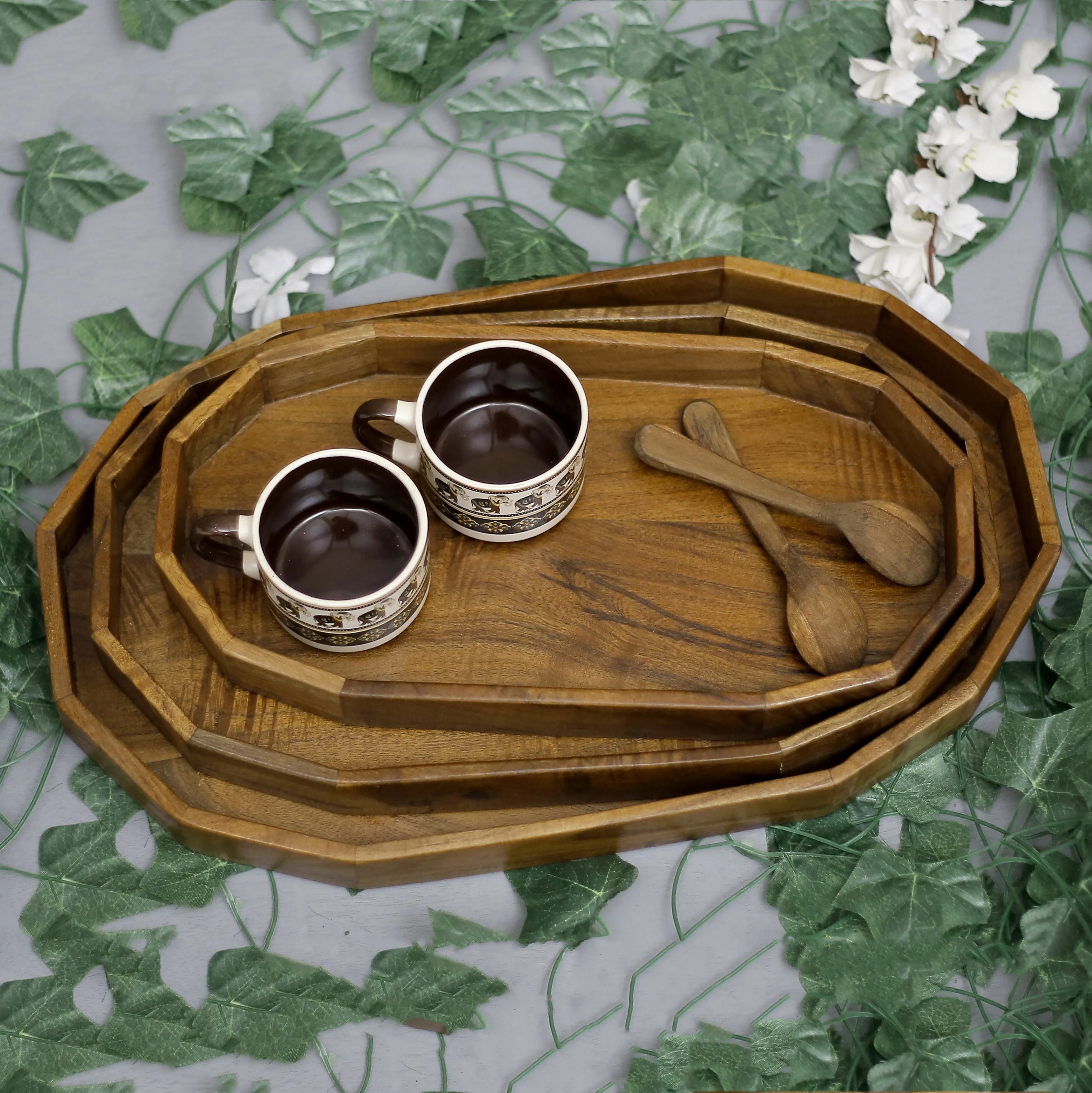 Octagonal Wooden Tray Set
