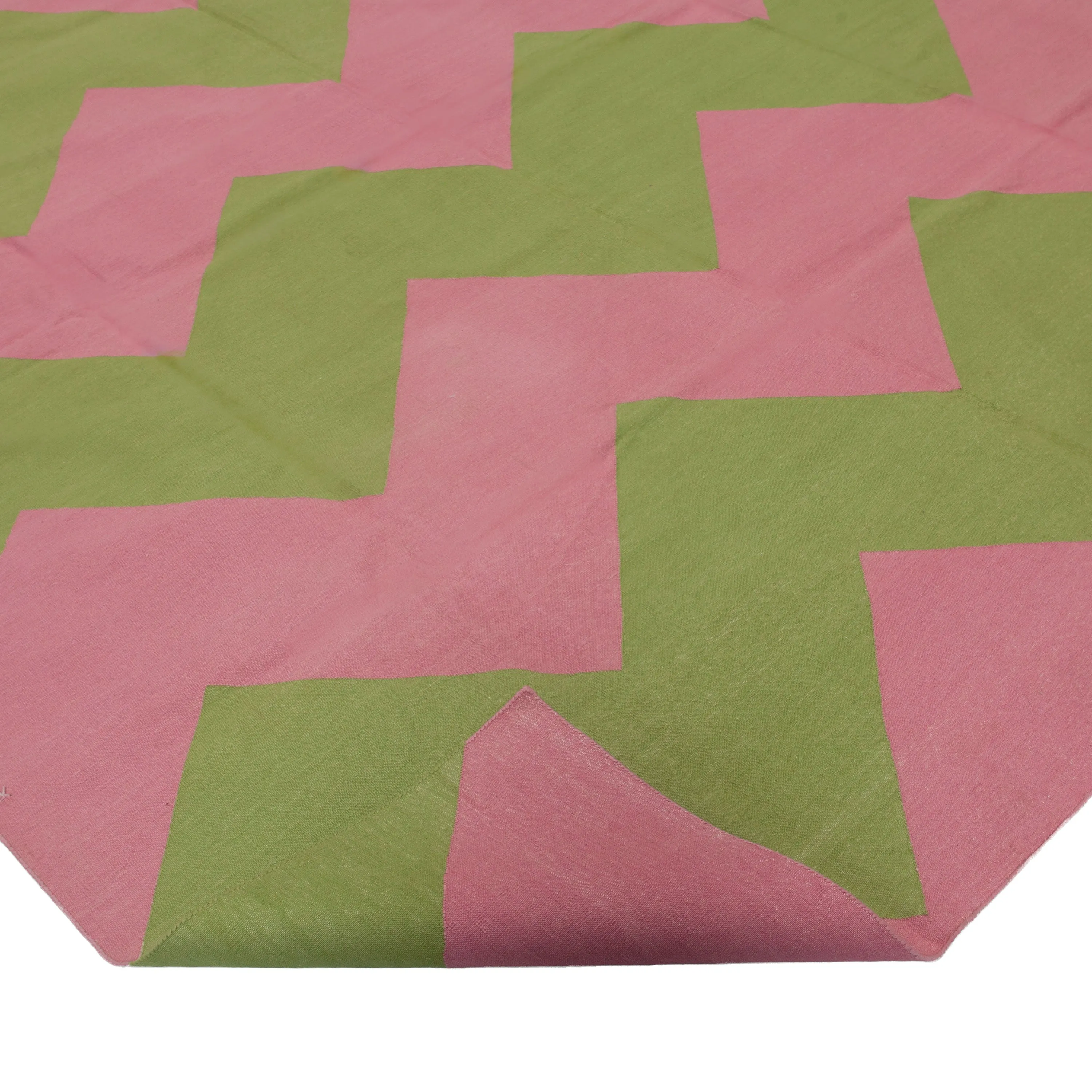 Pink & Green Chevron Dhurrie Cotton Rug - 7'10" x 9'10"