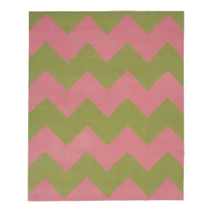 Pink & Green Chevron Dhurrie Cotton Rug - 7'10" x 9'10"