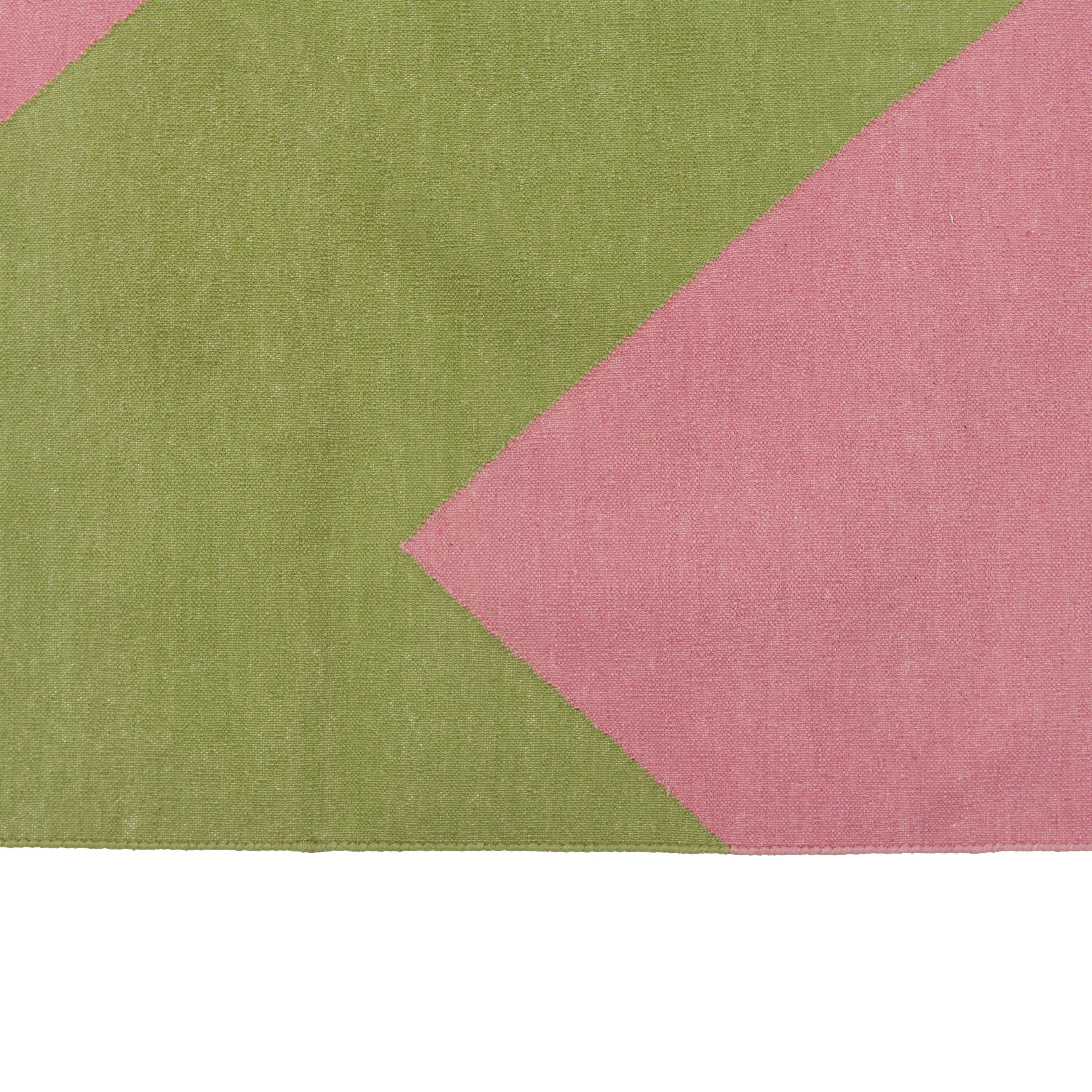 Pink & Green Chevron Dhurrie Cotton Rug - 8'10" x 11'10"