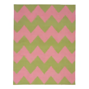 Pink & Green Chevron Dhurrie Cotton Rug - 8'10" x 11'10"