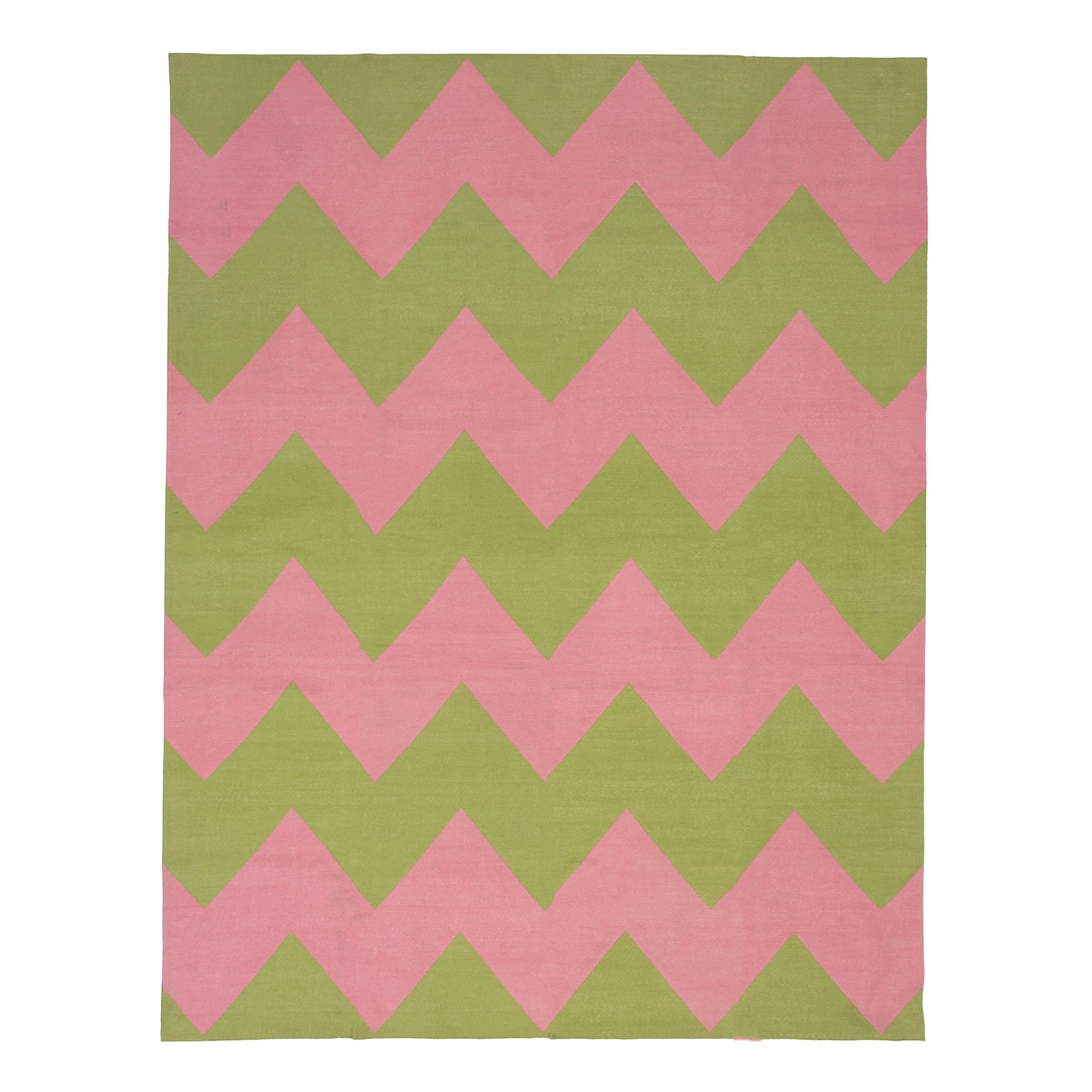 Pink & Green Chevron Dhurrie Cotton Rug - 8'10" x 11'10"