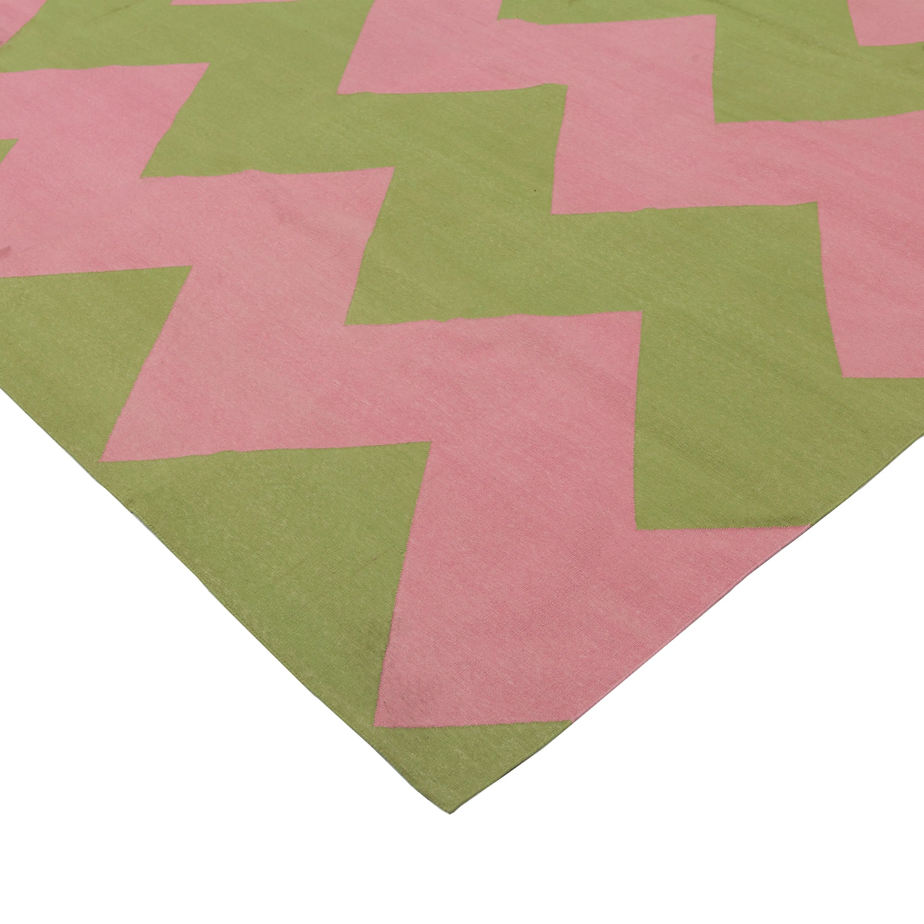 Pink & Green Chevron Dhurrie Cotton Rug - 8'10" x 11'10"