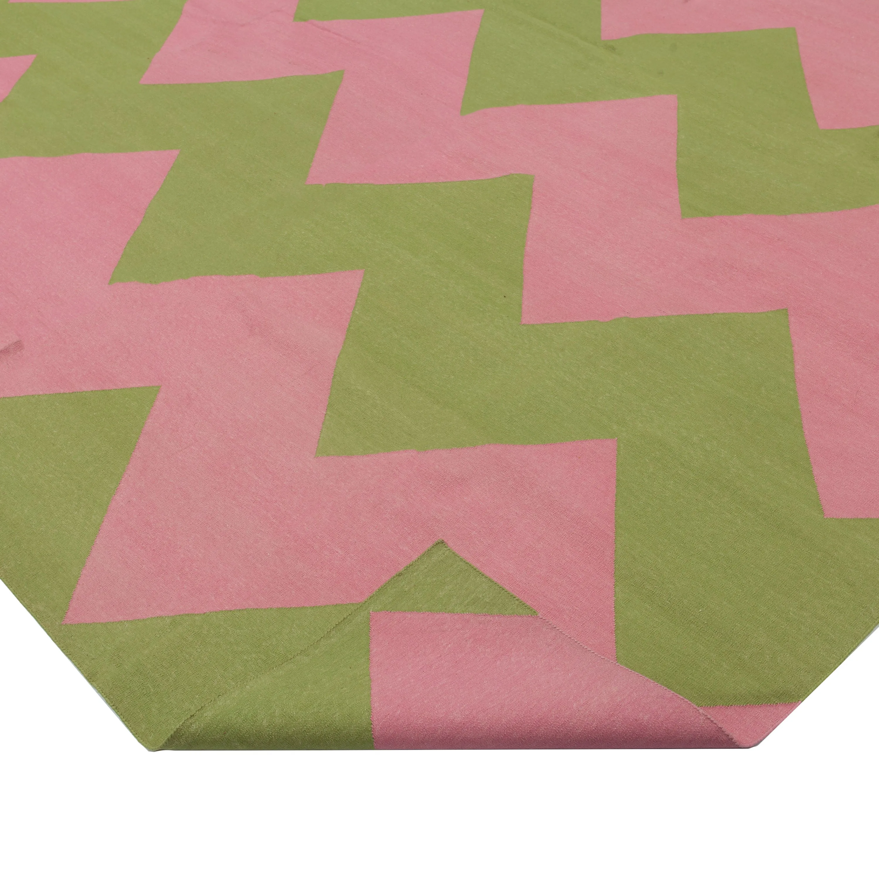 Pink & Green Chevron Dhurrie Cotton Rug - 8'10" x 11'10"