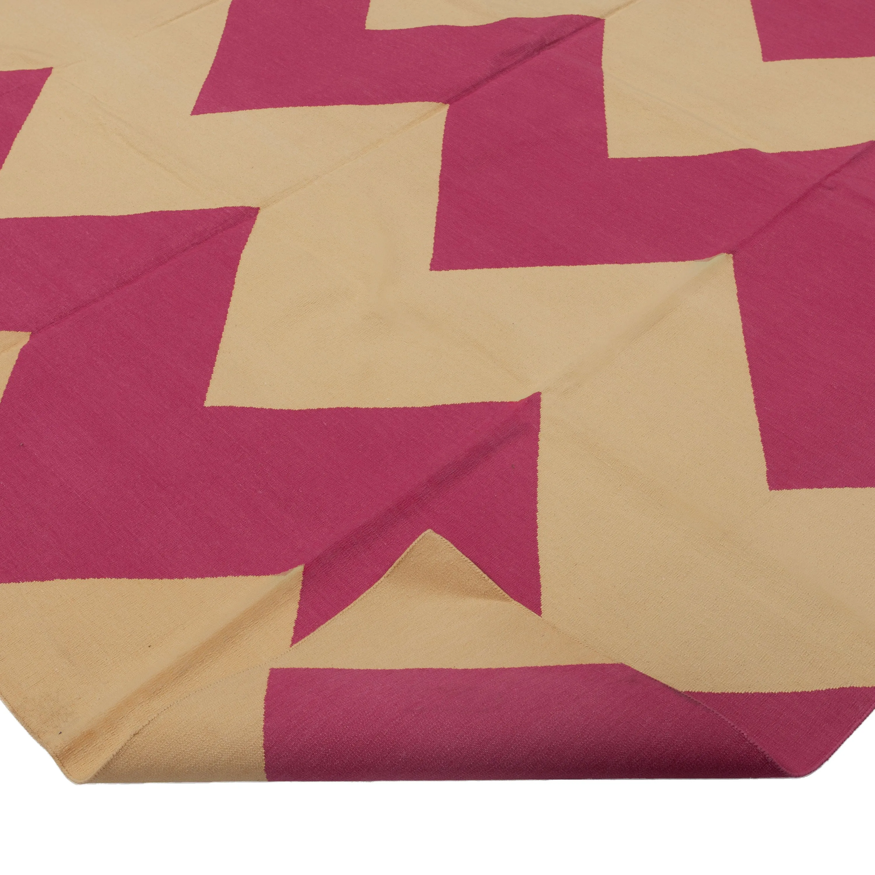 Pink & Yellow Chevron Dhurrie Cotton Rug - 7'10" x 9'10"
