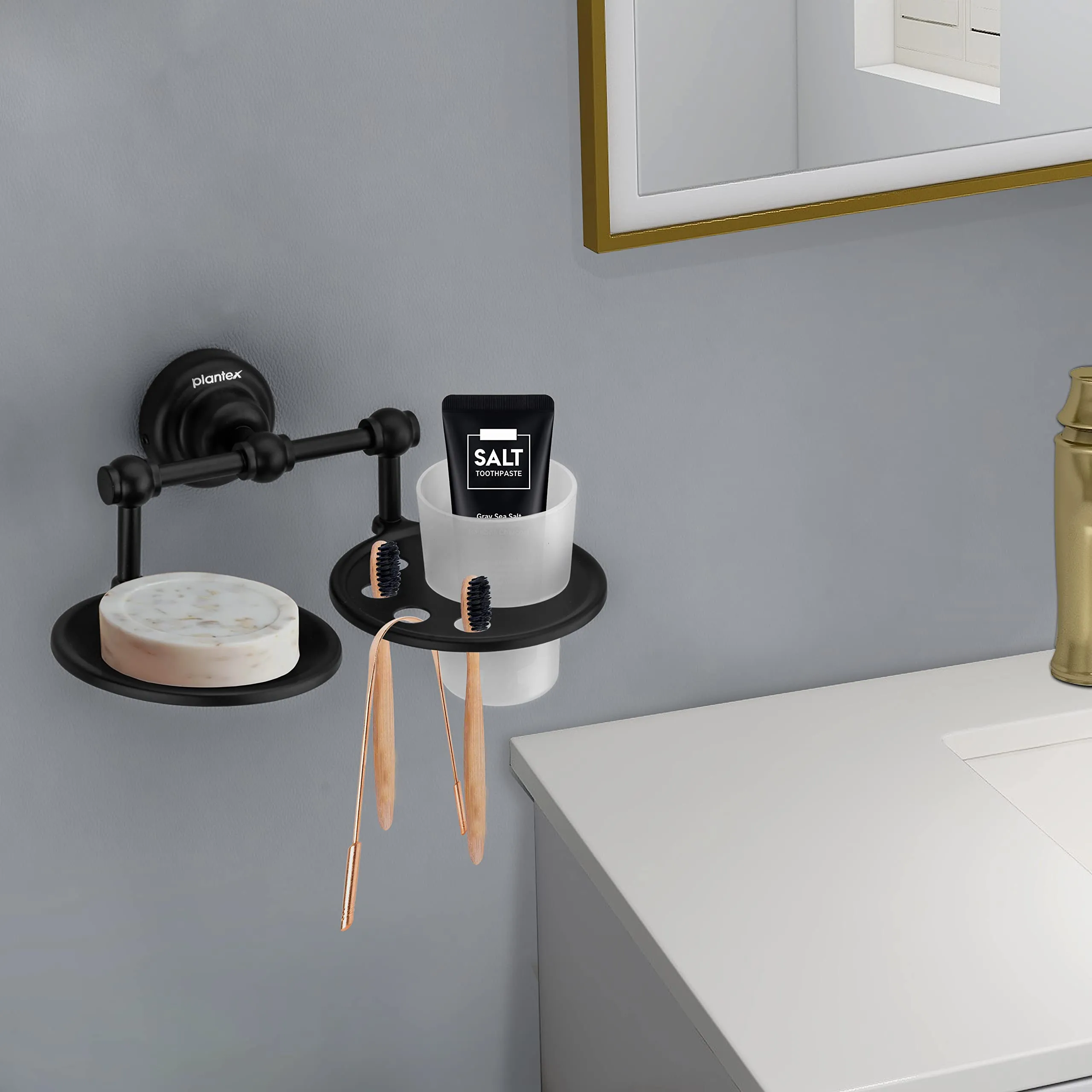 Plantex 304 Grade Stainless Steel 2in1 Soap Holder with Tumbler Holder/Bathroom Accessories - Skyllo (Black)
